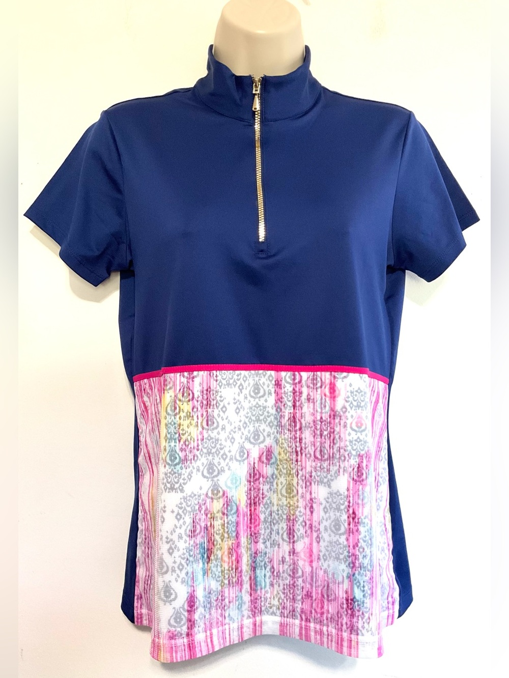 Women’s EP New York Short Sleeve golf Top - Navy with Pink Pattern Panel